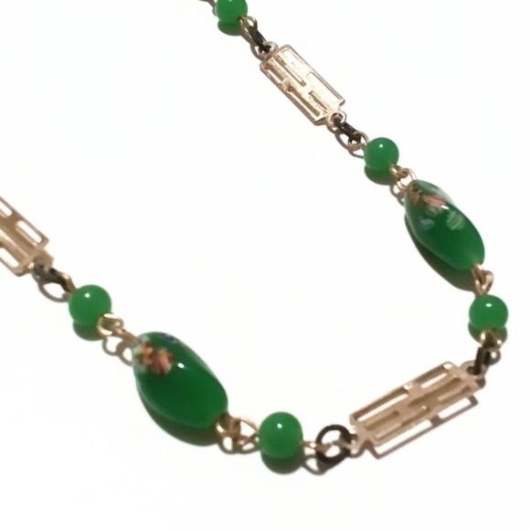 Green Art Glass and Gold Tone Long Beaded Vintage Necklace - Picture 5 of 5